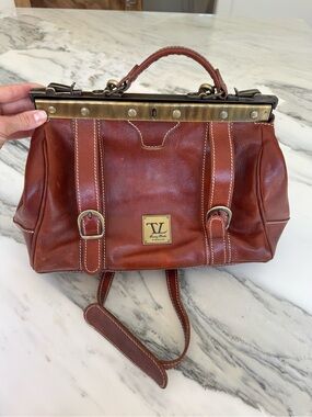 TL Brown Leather Satchel with Top Handle and Strap